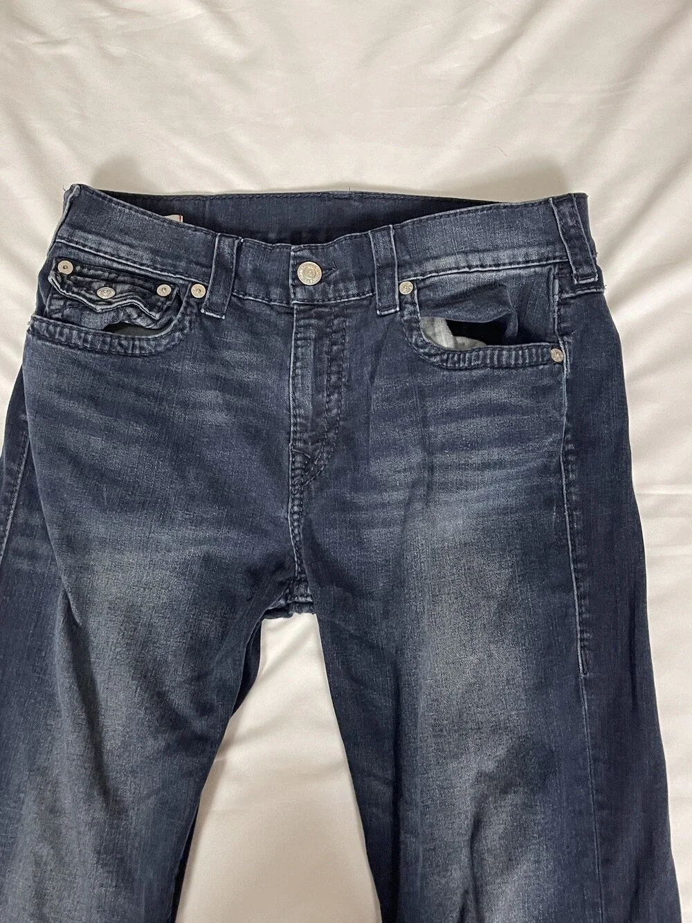 True Religion Geno Relaxed Slim Jeans Mens 35x34 Dark Blue Denim Geno Flap Big T